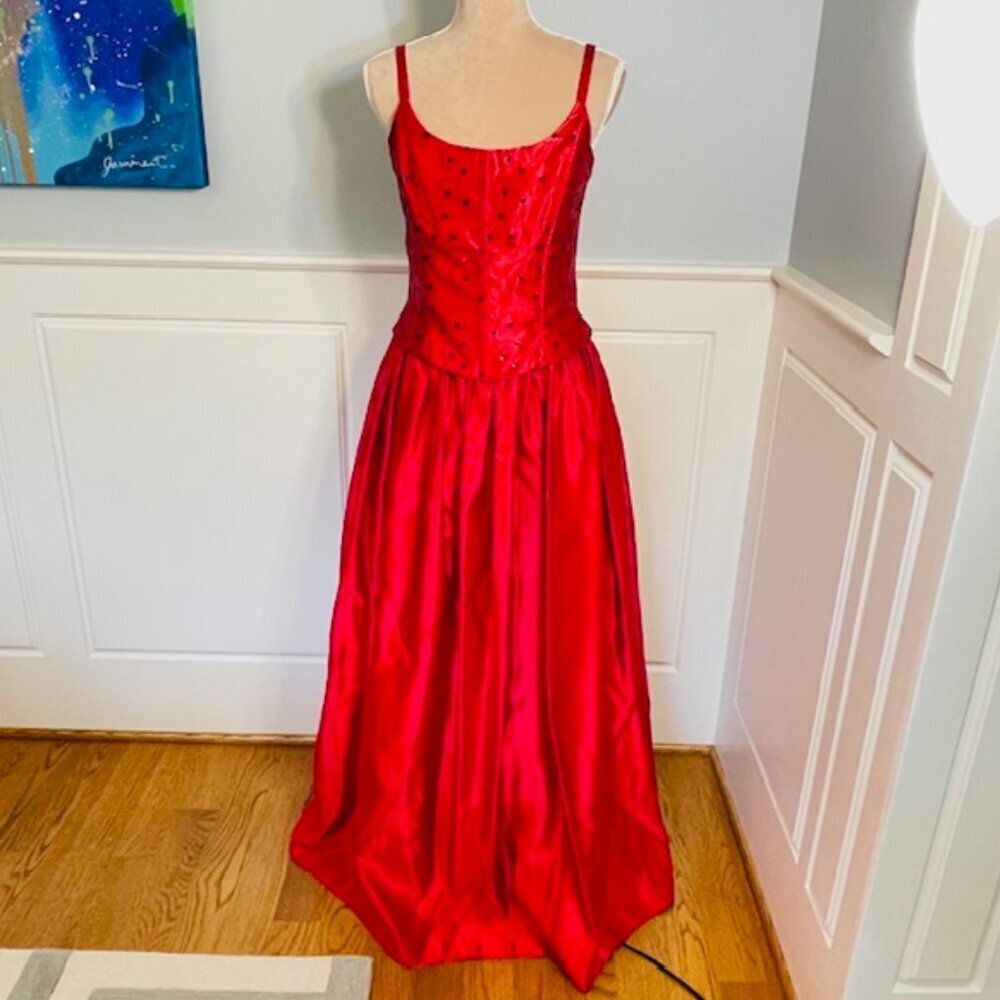 Jessica McClintock Ball Gown Vintage 90s Red Satin Corset Formal Prom 9/10 Small - Picture 8 of 14